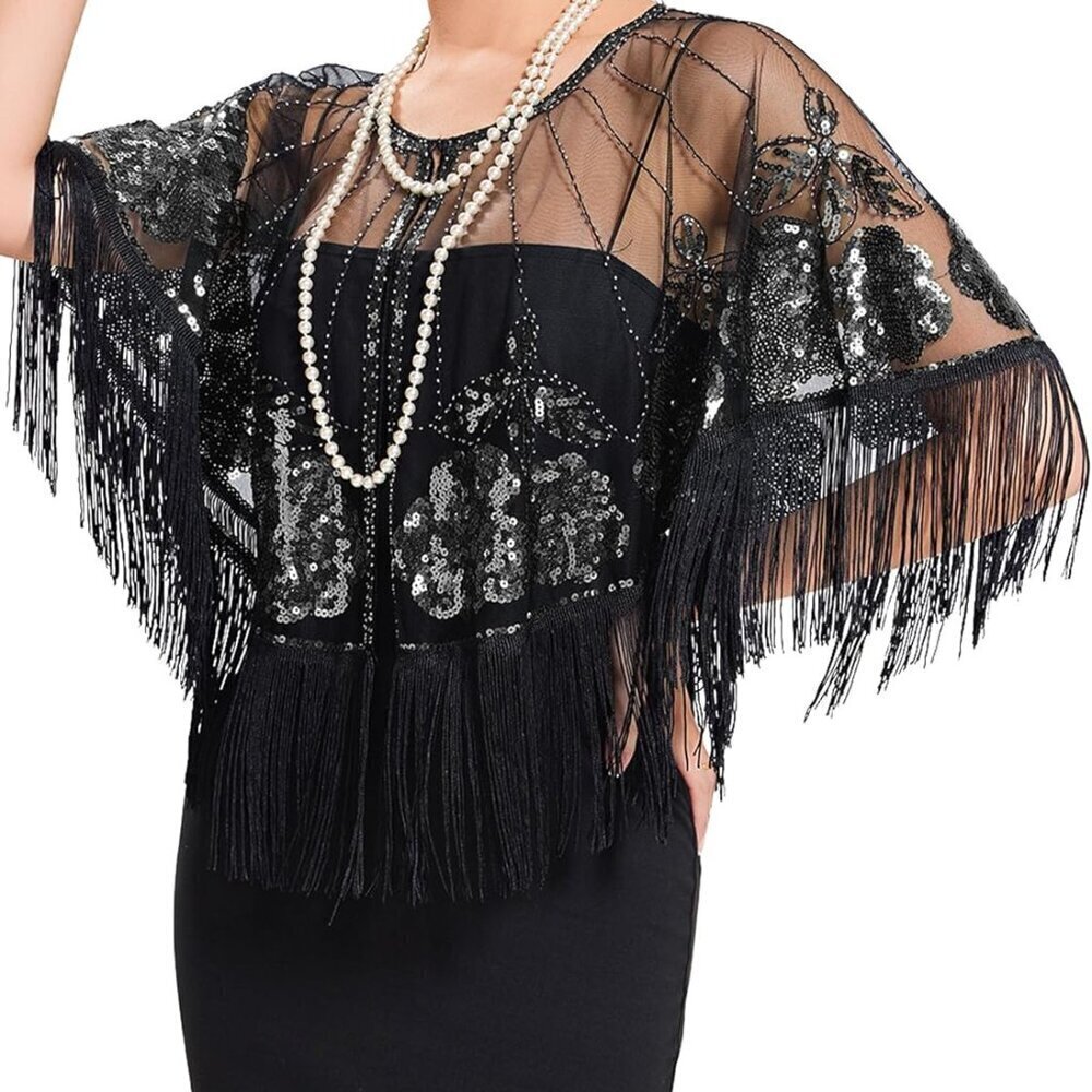 Women's 1920s Sequin Beaded Shawl Wrap Evening Party Cape for Formal Dress